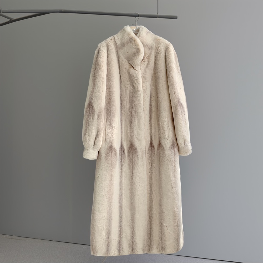 Faux Fur Full Length Coat Ivory Cream Vintage Style Collar Bridal Old Money - Picture 1 of 6